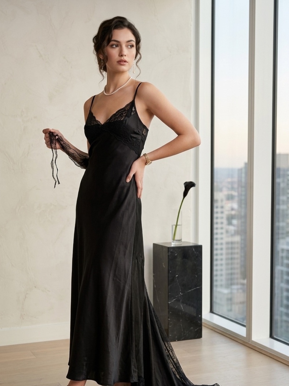 Ashro Black Satin Slip Midi Dress Gown Y2K Vamp Goth Lingerie Nightgown Large
